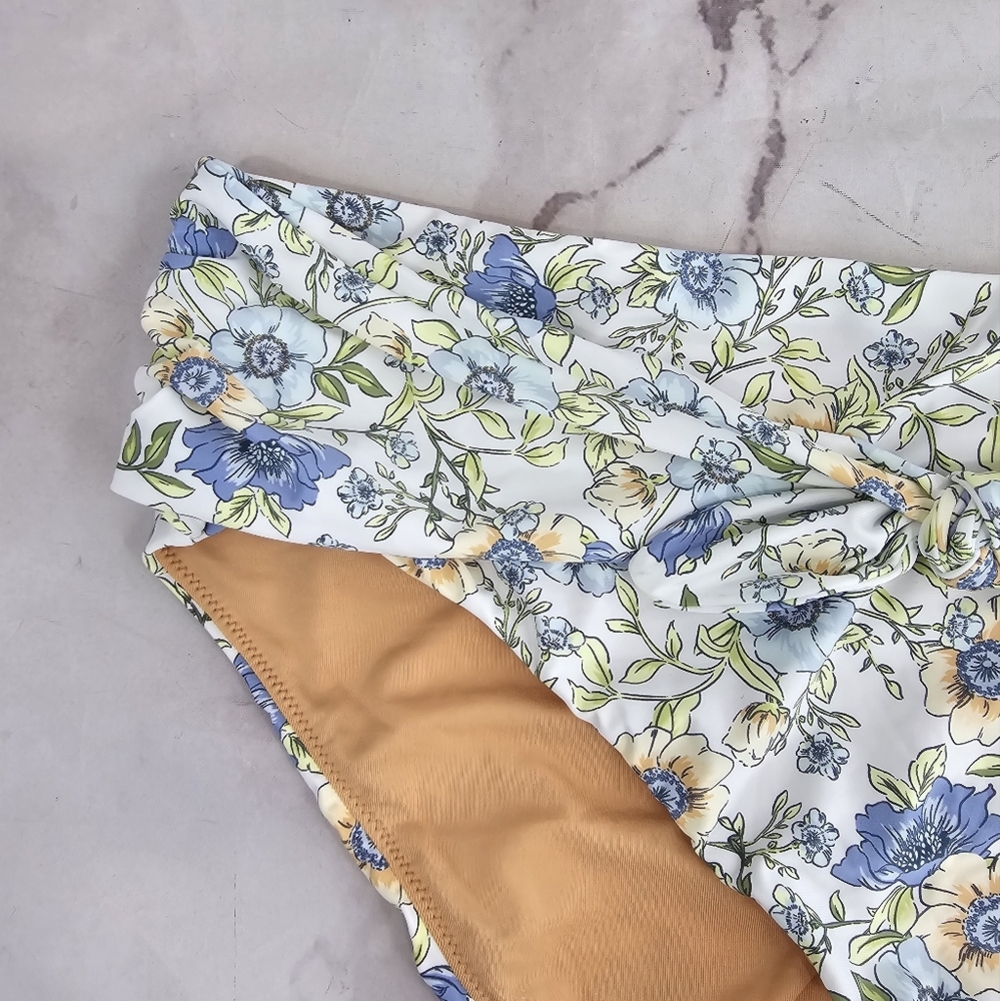 J Crew Swim Bottom Blue High Rise Cut Bikini Knot Tie Waist Floral Vines BF204 - Picture 2 of 11